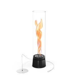 Höfats SPIN Air 1200 – Schwarzer Tisch-Bioethanolkamin mit hohem zylindrischem Glas.