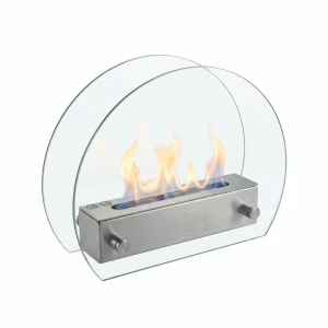Hippe biohaard met rond glas en een stalen brander. Brandtijd 2-3 uur. Maat H: 28 x B: 35 x D: 12 cm.