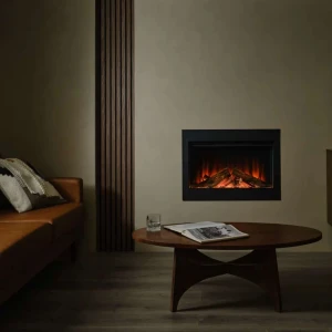 British Fires Ashlett Insert Black Edition built-in electric fireplace with Deluxe Real Logs