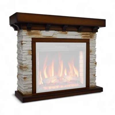 ArtiFlame Ludwig antique oak fireplace mantel with stone-look sides