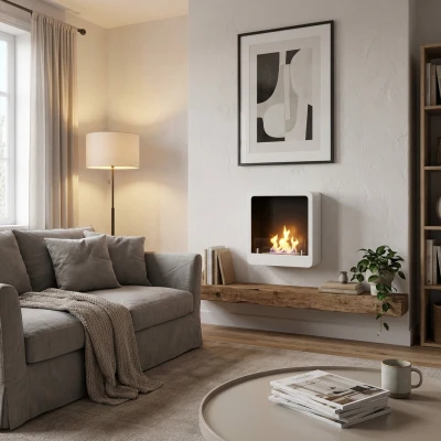 Chemin&eacute;e murale au bio&eacute;thanol blanche de forme carr&eacute;e