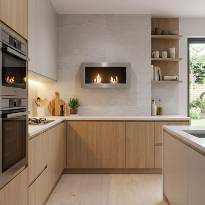 Grande chemin&eacute;e en acier pour montage mural. Dur&eacute;e de combustion: 3 heures. Dimensions: 90 cm x 43 cm x 20 cm.