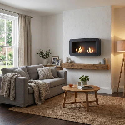 Chemin&eacute;e bio noire au design &eacute;l&eacute;gant pour un montage mural avec une dur&eacute;e de combustion de 4 heures.