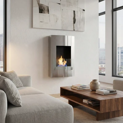 Chemin&eacute;e murale bio&eacute;thanol au design unique avec un panneau en verre. Temps de combustion 3 heures.