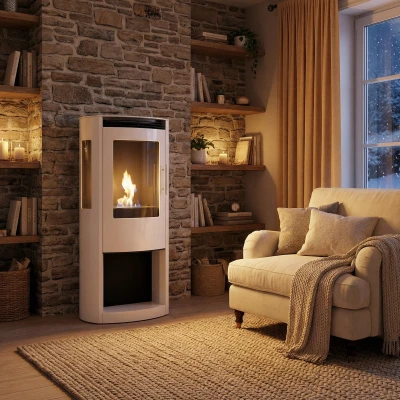 Witte Lincoln bio-ethanol haard in houtkachelstijl - duurzaam en elegant. Lincoln bio-ethanolkachel in wit - klassiek design, milieuvriendelijk en stijlvol.