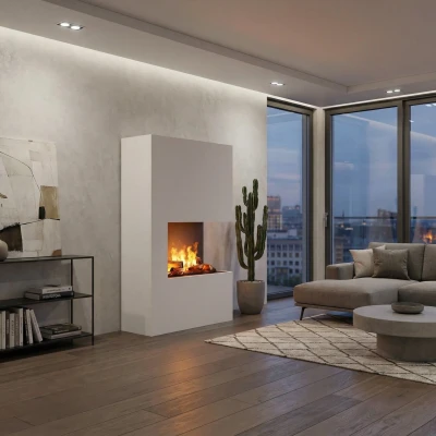 Glow Fire Tucholsky Left Corner White - OMC 600 | Freestanding Water Vapour Fireplace, White Glow Fire Tucholsky Left Corner White - OMC 600 | Freestanding Water Vapour Fireplace, White, 91 cm x 150 cm x 35 cm