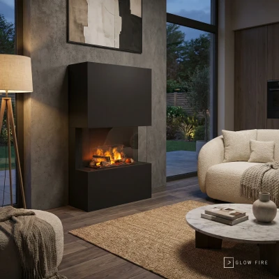 Glow Fire Tucholsky 3-sided Black - OMC 600 | Freestanding Water Vapour Fireplace, Black Glow Fire Tucholsky 3-sided Black - OMC 600 | Freestanding Water Vapour Fireplace, Black, 91 cm x 150 cm x 35 cm