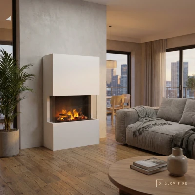 Glow Fire Tucholsky 3-sided White - OMC 600 | Freestanding Water Vapour Fireplace, White Glow Fire Tucholsky 3-sided White - OMC 600 | Freestanding Water Vapour Fireplace, White, 91 cm x 150 cm x 35 cm