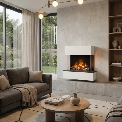 H&ouml;lderlin vanddamp pejs i hvid, med realistiske vanddampflammer