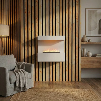 Late - wei&szlig;er Wasserdampf Wandkamin, saubere Heizl&ouml;sung und modernes Aussehen