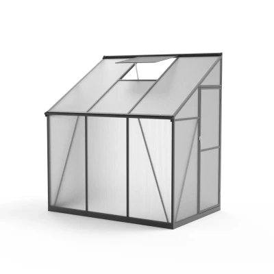 Black aluminium greenhouse with clear polycarbonate panels and single hinged door