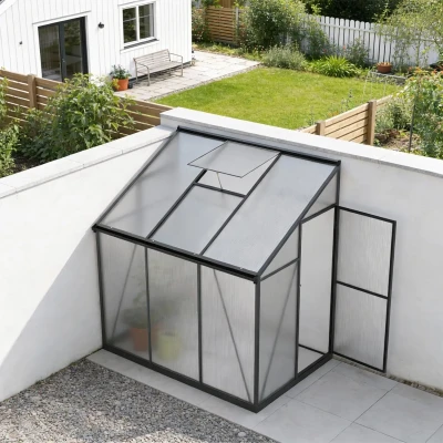 Black aluminium greenhouse with clear polycarbonate panels and single hinged door