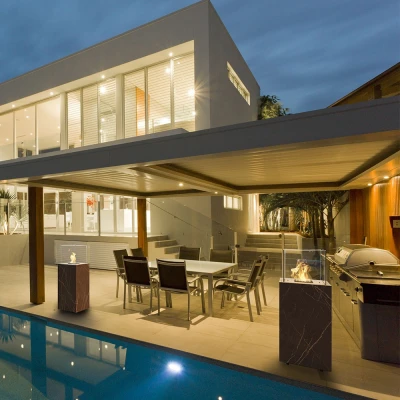 Planika Porto Laurent bioethanol fireplace with Dekton marble finish