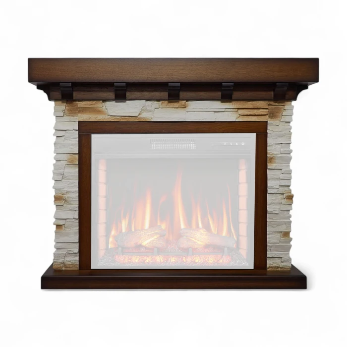 ArtiFlame Ludwig antique oak fireplace mantel with stone-look sides