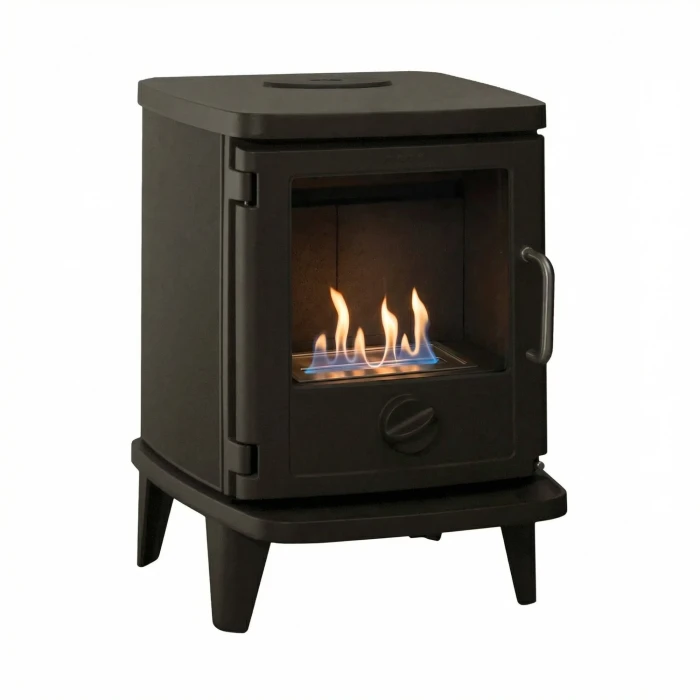 Mors&oslash; 3116 freestanding bioethanol fireplace in cast iron with ribbed sides and 150 mm legs 