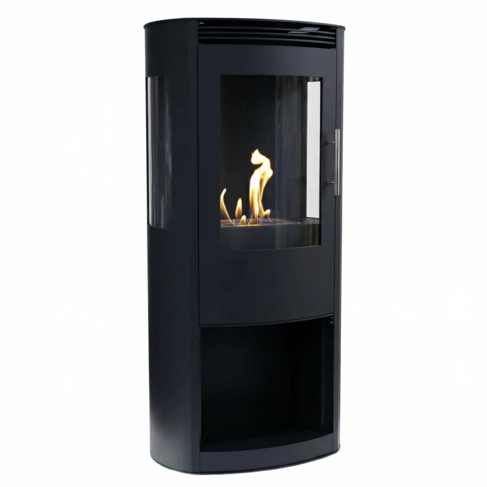 Svart frist&aring;ende etanolkamin med vedugns-design och s&auml;kerhetsglas.