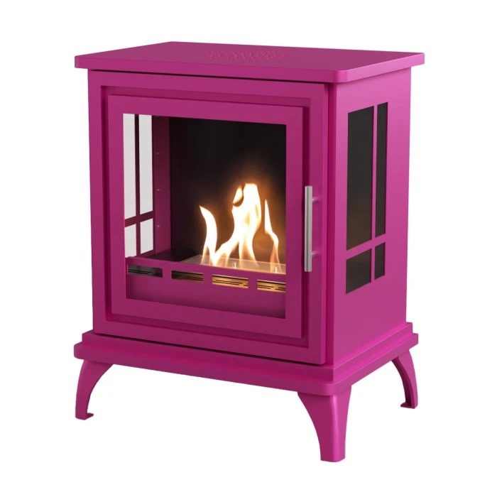 ScandiFlames Nashville &ndash; Freestanding bioethanol fireplace in wood burning stove design with pink finish