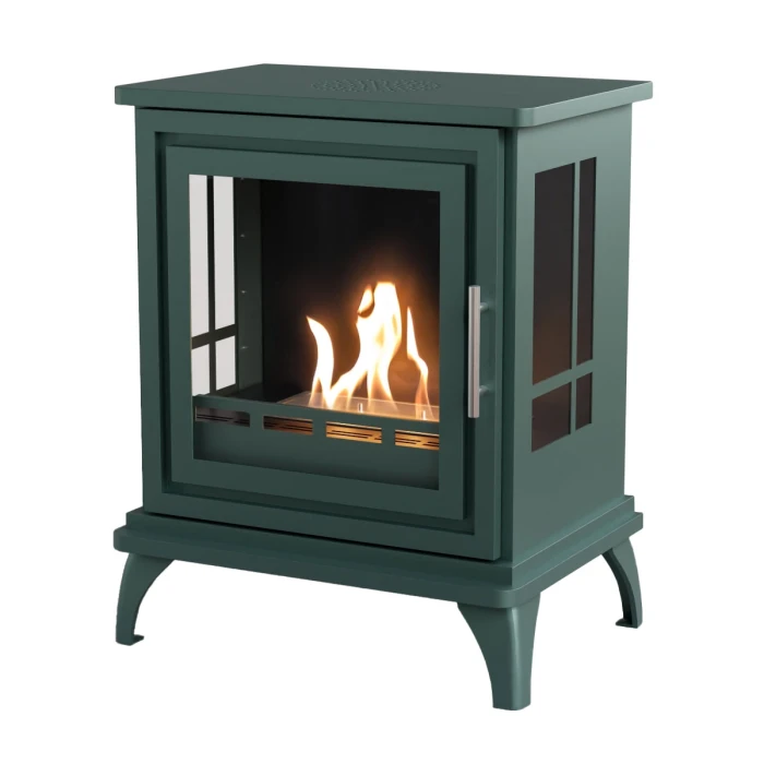 ScandiFlames Nashville &ndash; Freestanding bioethanol fireplace in wood burning stove design with black green finish