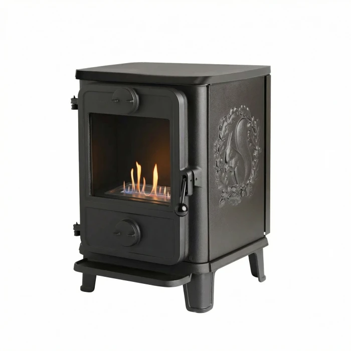 Mors&oslash; 1010 black cast iron bioethanol fireplace, designed in a classic wood-burning stove style
