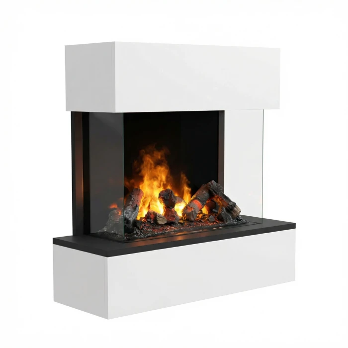 H&ouml;lderlin water vapour fireplace in white, featuring realistic water vapour flames