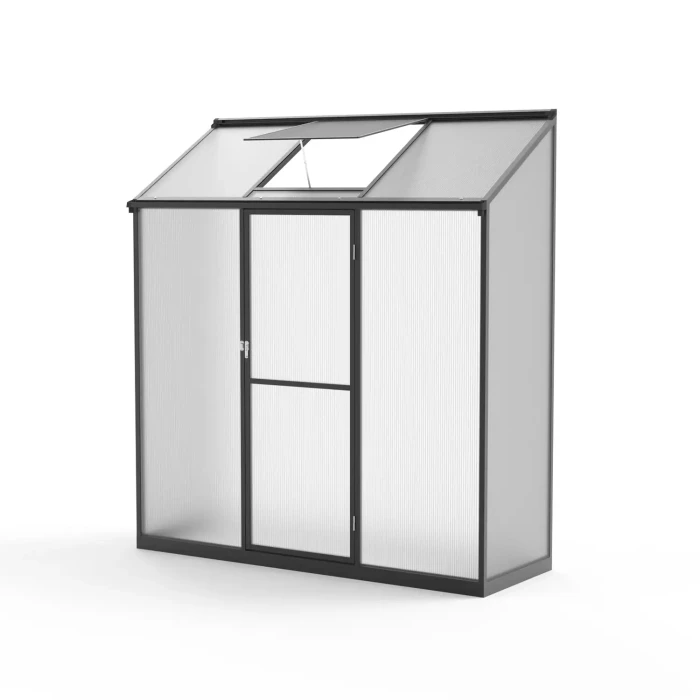 Black aluminium lean-to greenhouse with glass sides and polycarbonate roof