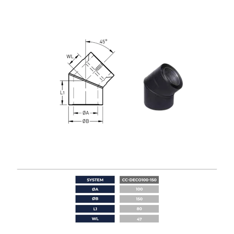 Trimline Fires - CC-DECO Balanceret Aftr&aelig;k &Oslash;100/150 - B&oslash;jning 45 grader