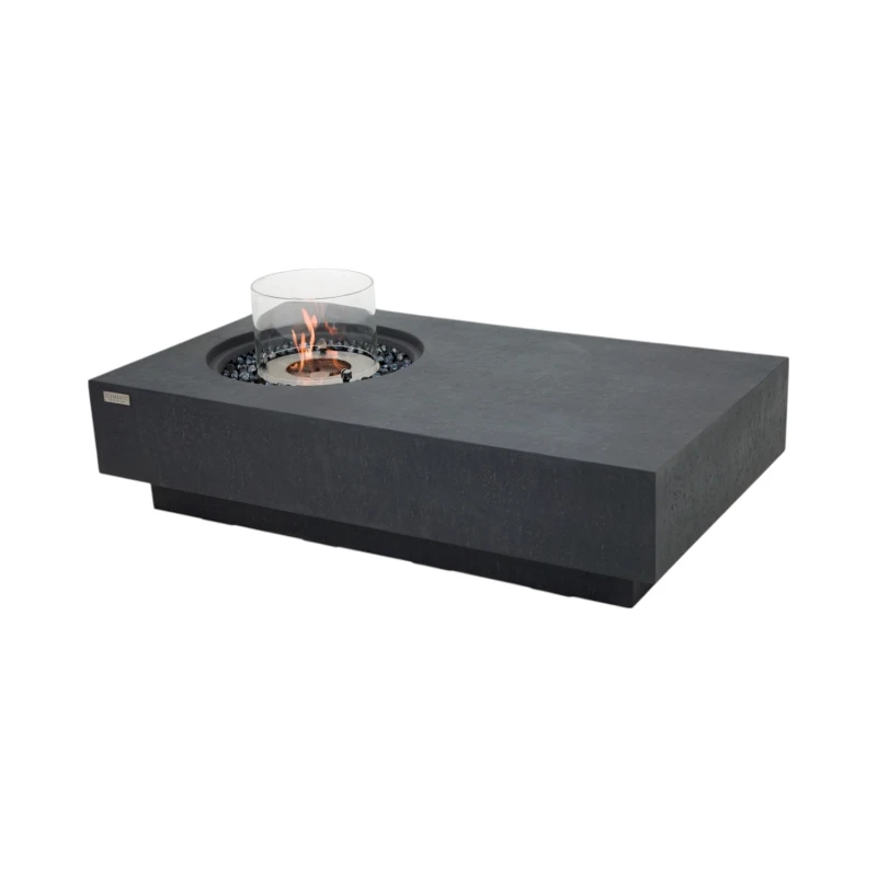 Metropolis biopejs i Slate Black &ndash; stort lavt ildbord i fiberbeton med glas og bronze glas sten