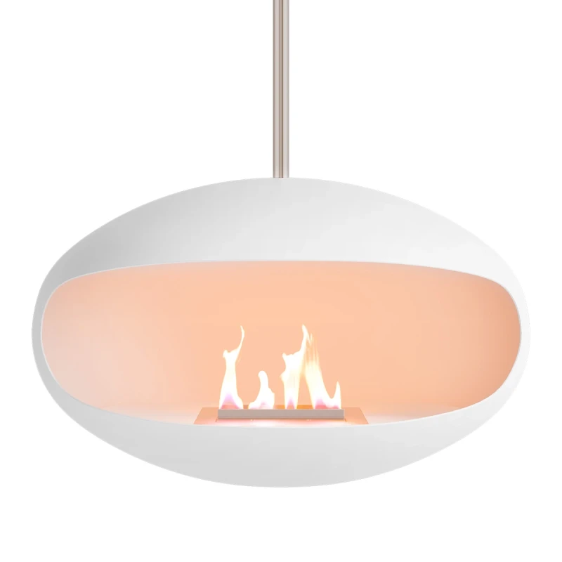 Aeris Hvid Loft Biopejs – Cocoon Fires | Køb online Cocoon Fires Aeris hvid lofthængt biopejs med stålstang – elegant og moderne design