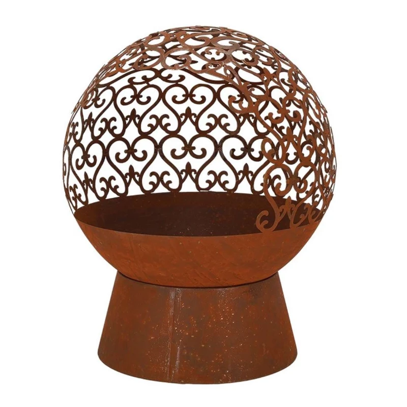 Fire Ball Laser Cut Curls Rust S &ndash; dekorativ ildkugle i rustet st&aring;l med lasersk&aring;rne m&oslash;nstre til udend&oslash;rs brug