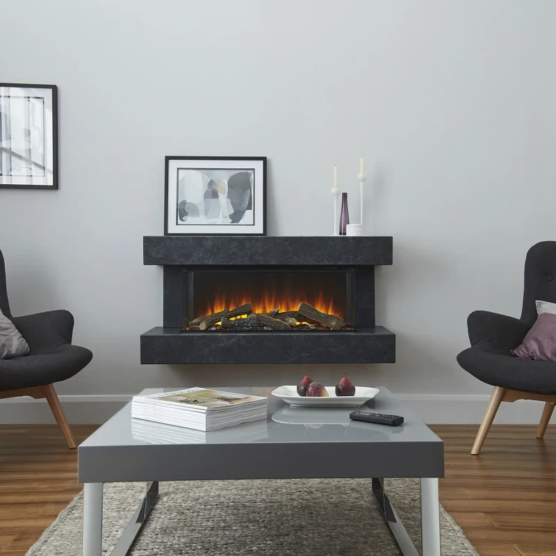 Winchester 870 gr&aring; marmor v&aelig;gmonteret elektrisk pejses&aelig;t med mantel og tre-sidet flammesyn