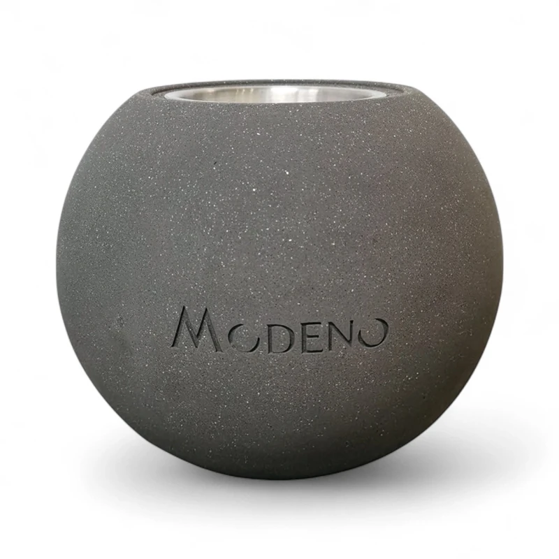 Elementi Fires Paffu biopejs i mørkegråt kugledesign Rund biopejs i mørkegrå fiberbeton fra Elementi Fires – model Paffu