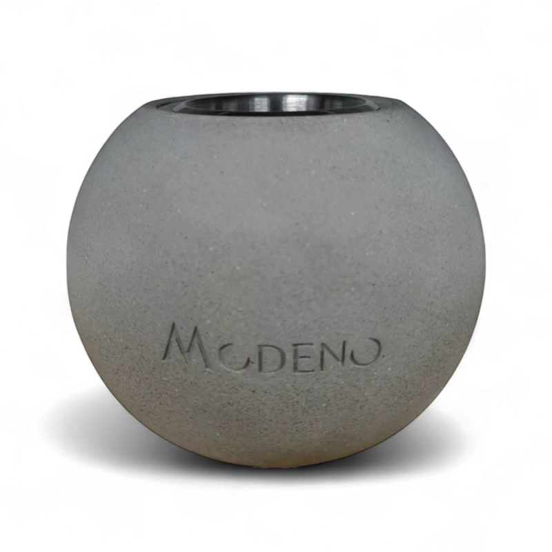 Elementi Fires Paffu biopejs i grå kugleformet design Rund biopejs i grå fiberbeton fra Elementi Fires – model Paffu