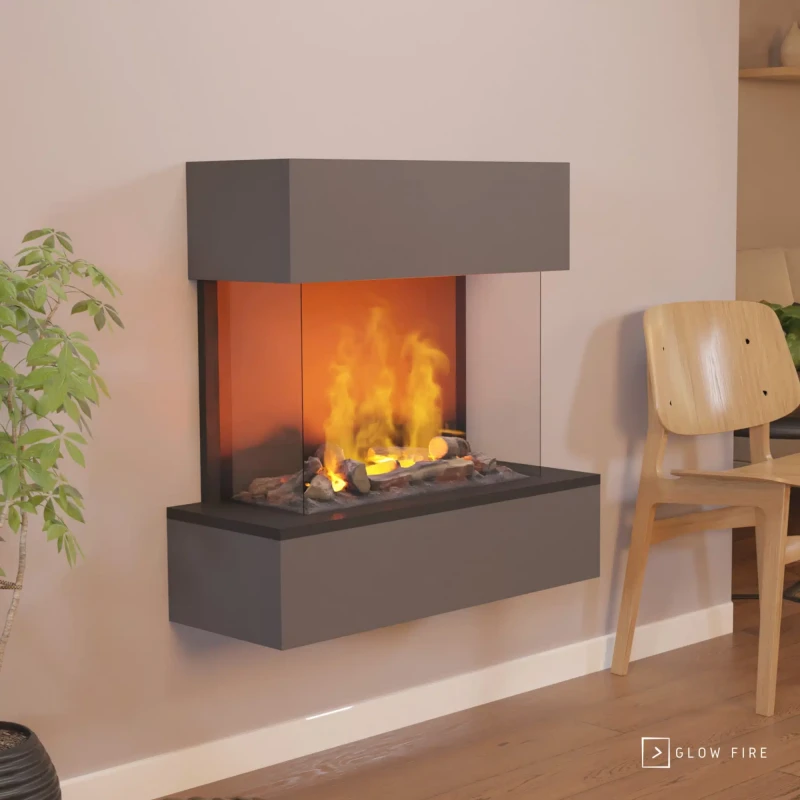 Hölderlin Grå – Vanddamp Pejs | Køb hos Glow Fire Hölderlin vanddamp pejs i grå, viser realistiske vanddamps flammer