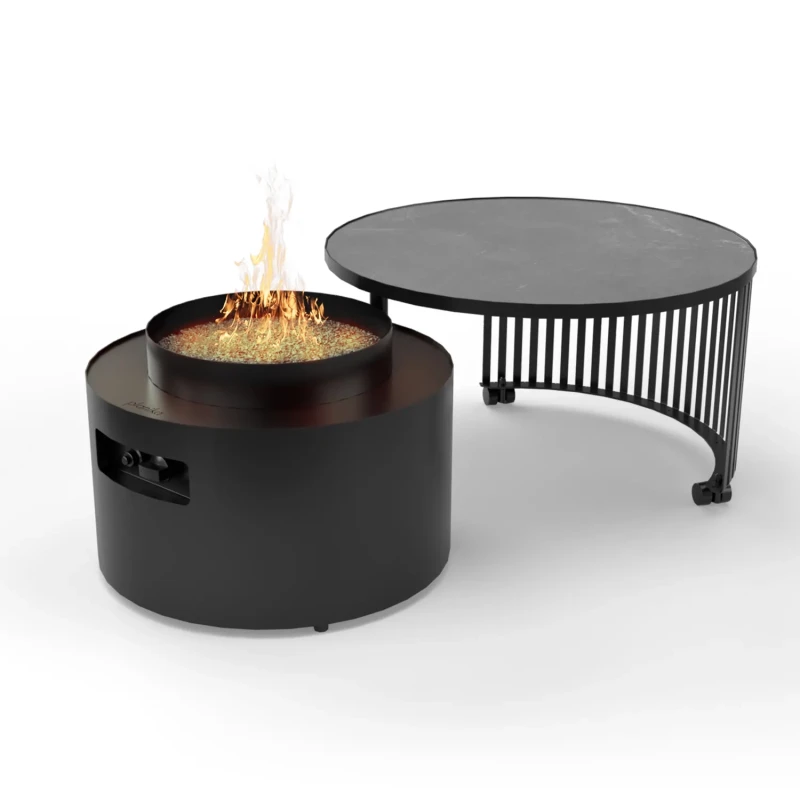 Planika Moon sort fritst&aring;ende udend&oslash;rs gaspejsbord med keramisk marmorfinish p&aring; bordpladen.