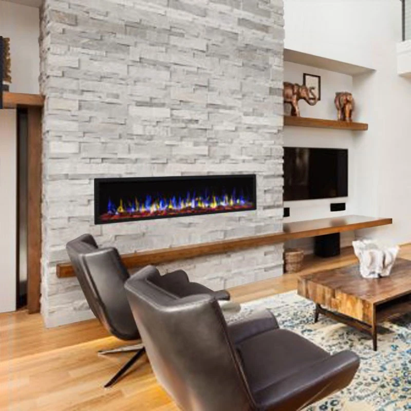 Aflamo Pride Slim elektrisk pejs p&aring; hvid baggrund, der fremh&aelig;ver det slanke design og ultra-tynde profil