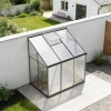 Black aluminium greenhouse with clear polycarbonate panels and single hinged door