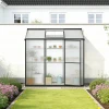 Black aluminium lean-to greenhouse with glass sides and polycarbonate roof