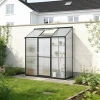 Black aluminium lean-to greenhouse with glass sides and polycarbonate roof