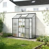 Black aluminium lean-to greenhouse with glass sides and polycarbonate roof