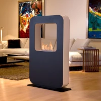 Grote zwarte vrijstaande biohaard in doorkijkend ontwerp