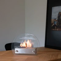 Hippe biohaard met rond glas en een stalen brander. Brandtijd 2-3 uur. Maat H: 28 x B: 35 x D: 12 cm.
