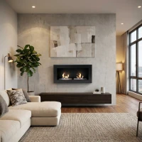 Brede zwarte biohaard met twee branders voor aan de muur.