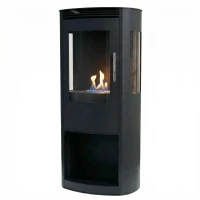 Lincoln bio-ethanol haard in houtkachelontwerp - zwarte afwerking, vrijstaande versie, milieuvriendelijk en elegant.