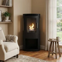 Lincoln bio-ethanol haard in houtkachelontwerp - zwarte afwerking, vrijstaande versie, milieuvriendelijk en elegant.