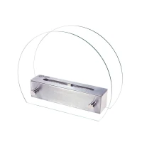 Hippe biohaard met rond glas en een stalen brander. Brandtijd 2-3 uur. Maat H: 28 x B: 35 x D: 12 cm.