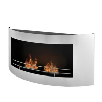 Brede muur-hangende biohaard in staal met een ronde vorm. Brandtijd 2-2,5 uur. Maat: 50 x 80 x 20 cm.