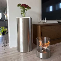 ScandiFlames Dualis bio-ethanolhaard met een frame van geborsteld staal en cilindrisch veiligheidsglas.