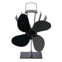 Zwarte haardventilator met 4 stalen bladeren, ontworpen voor houtkachels en bio-ethanolhaarden - verbetert de warmteverdeling.