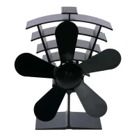 Zwarte warmtegedreven haardblazer met 5 bladen en compact ontwerp &ndash; effici&euml;nte warmteverdeling zonder stroom.