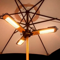 Zwarte elektrische terrasverwarmer gemonteerd op parasol